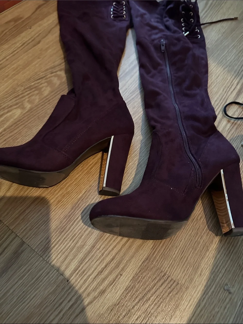 Women’s Over-the-Knee Lace-Up High Heel Boots in Deep Plum